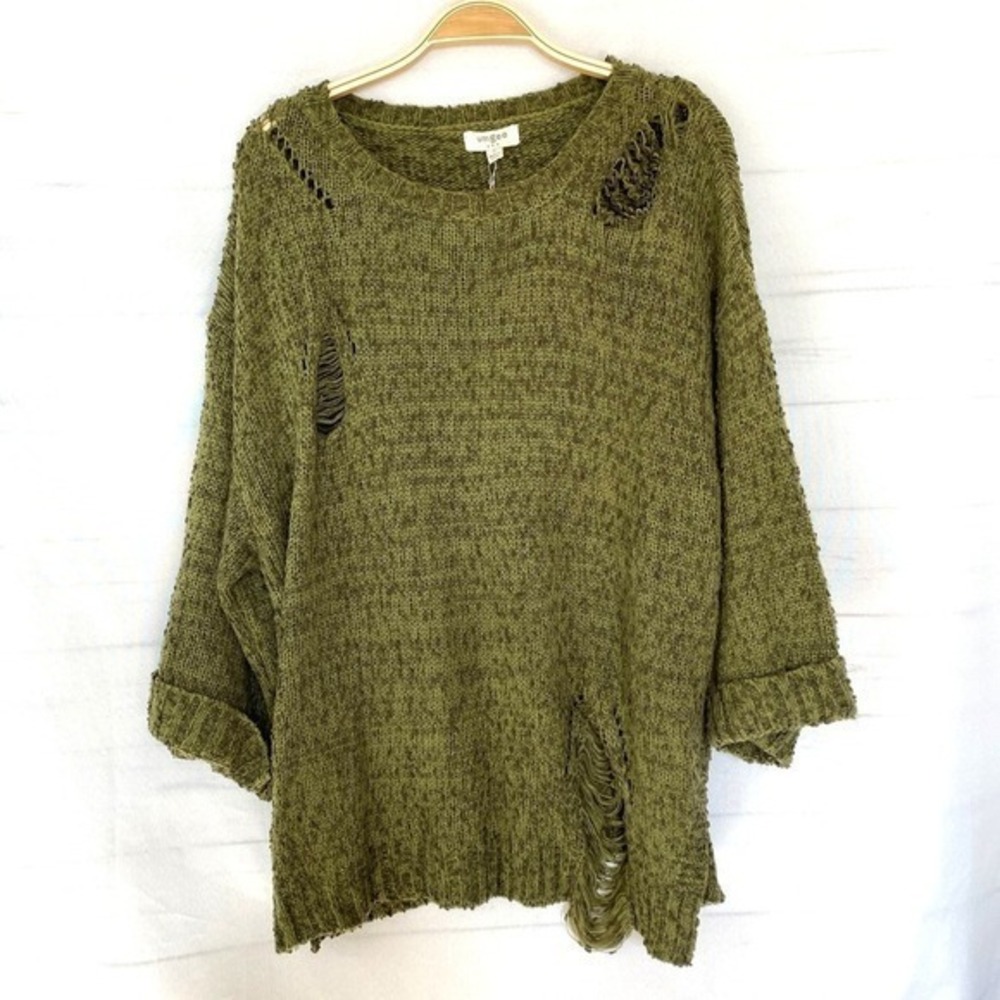 Umgee USA Ripped Distressed Sweater Women M Green Grunge Thrashed Goblincore NWT